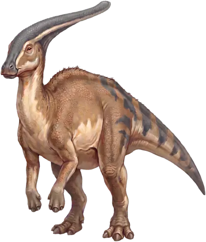 Holly, a Parasaurolophus, on all fours with the long curved crest laid back over her shoulders.