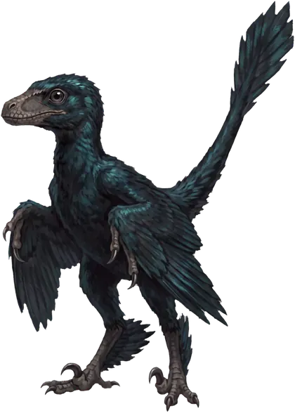 Parrot, a Microraptor with four feathered wings, black going blue-green in the light.