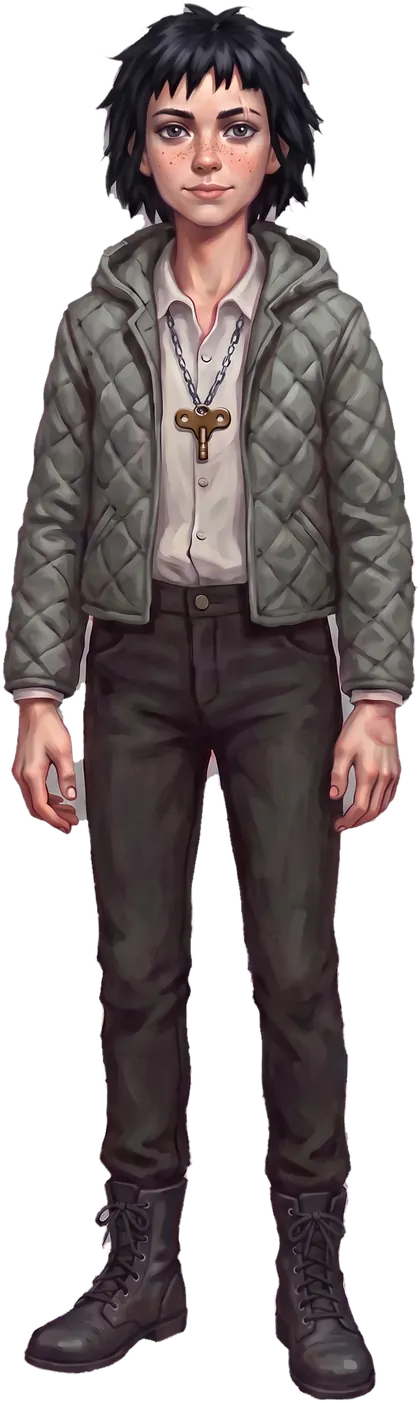 Kit Ossory, thirteen, standing at an angle in a well-made coat that fits, a brass tuning key on a chain.