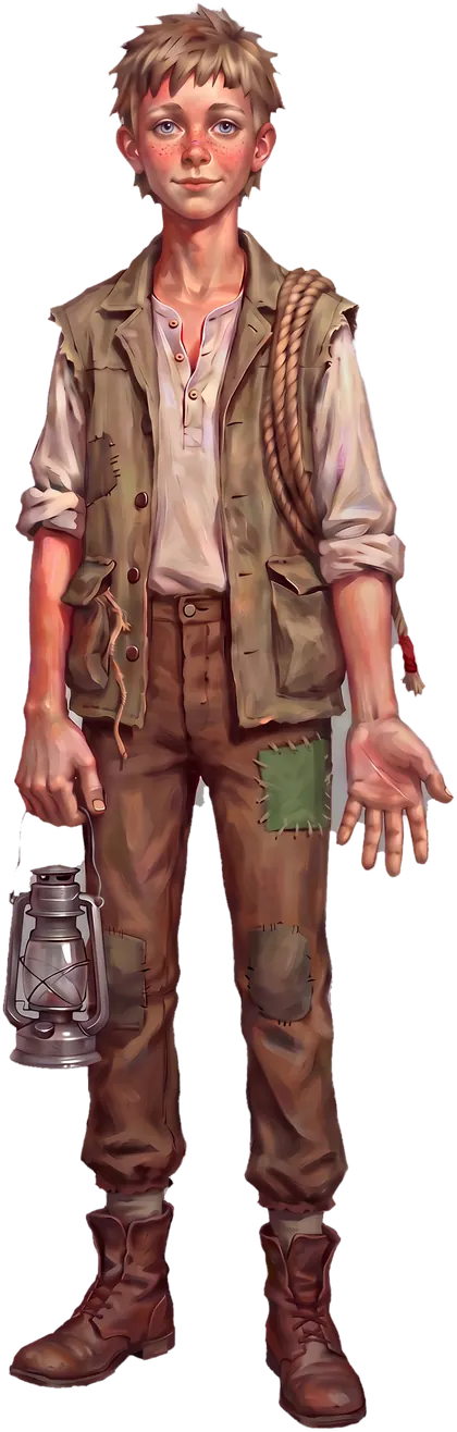 Lars Vanten, thirteen, in a sleeveless postal jacket with sagging pockets.
