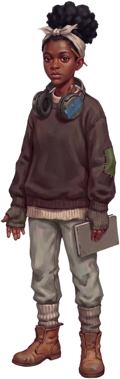 Wren Adeyemi, eleven, in two jumpers and fingerless mittens with headphones round her neck.