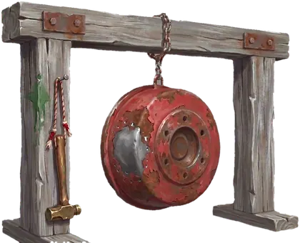 The bell: a fire truck's brake drum, red paint worn to rust, hung by a chain from a timber frame, with a brass hammer on a cord beside it.