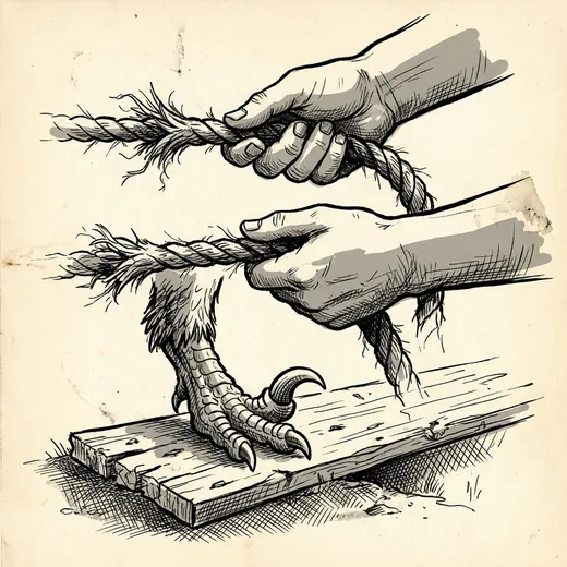Ink drawing. A thick climbing rope pulled taut, gripped in two boy's hands, one above the other, the fibres of the rope frayed and hairy.