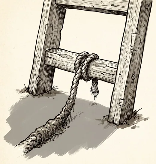 Ink drawing. A wet rope taken twice around the bottom rung of a rough wooden ladder and cinched, the rung worn shiny where the rope bears, the rope's tail hanging.