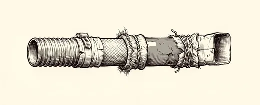 Ink drawing. One short section of mismatched water pipe lying by itself, about four feet long, the three joints each made differently — a hose clamp.